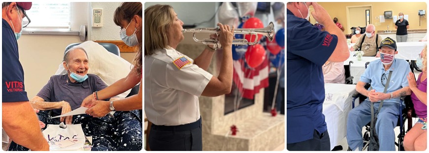 A collage of VITAS care team members honoring Army veteran Randall Busby and Navy veteran Robert Thomas, along with bugler on hand